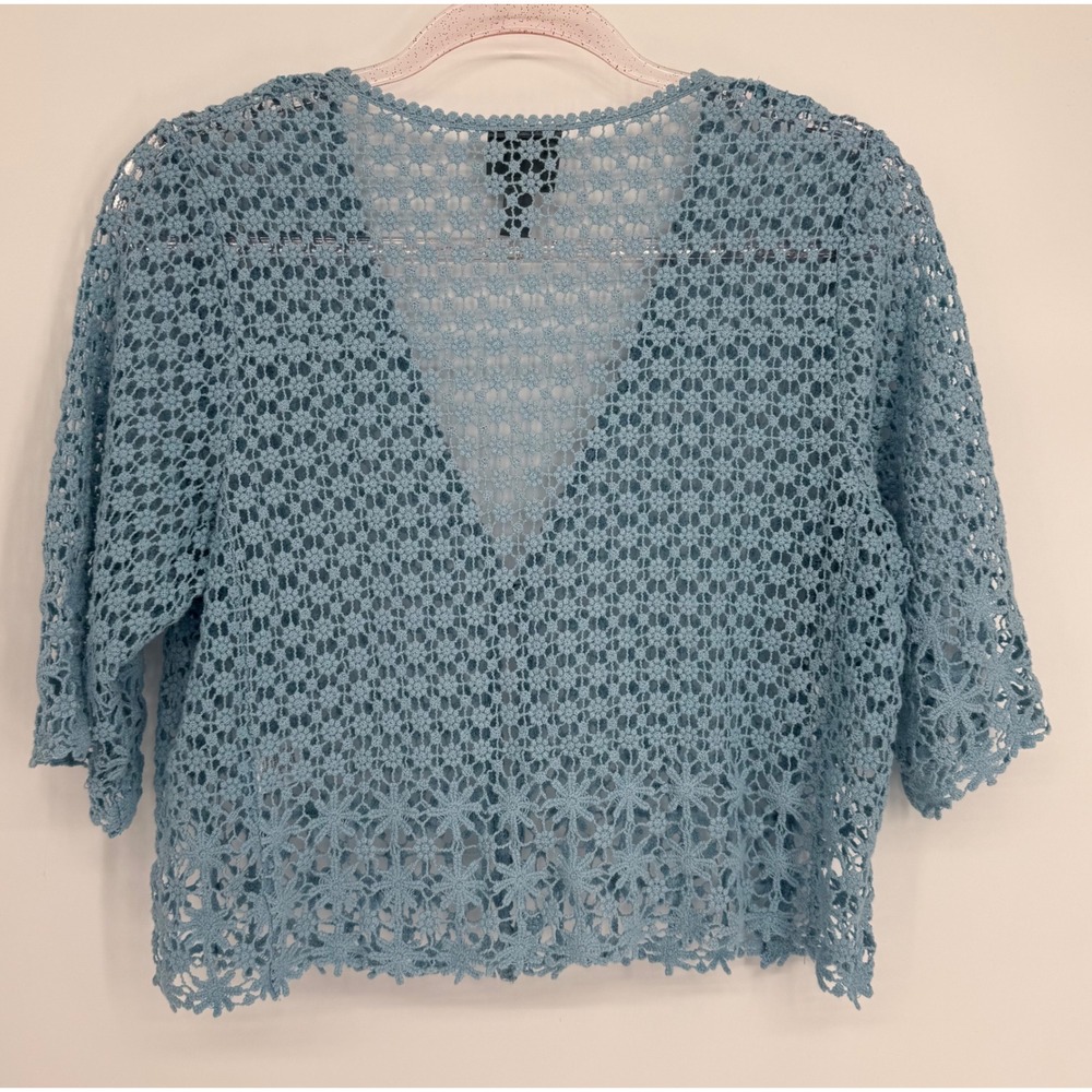 Rabbit Rabbit Rabbit Designs Blue Crochet Cotton Cardigan Sweater Sz M - Picture 4 of 9